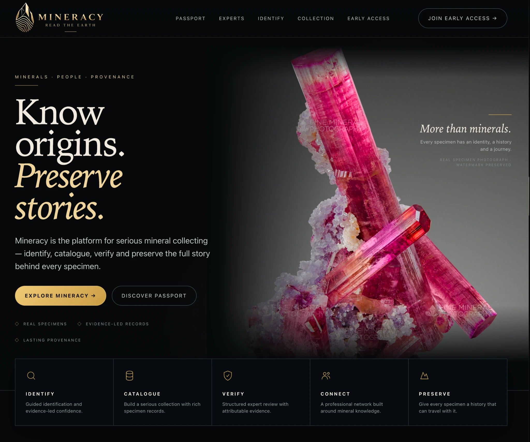 Mineracy platform website showing identity, provenance and collection features